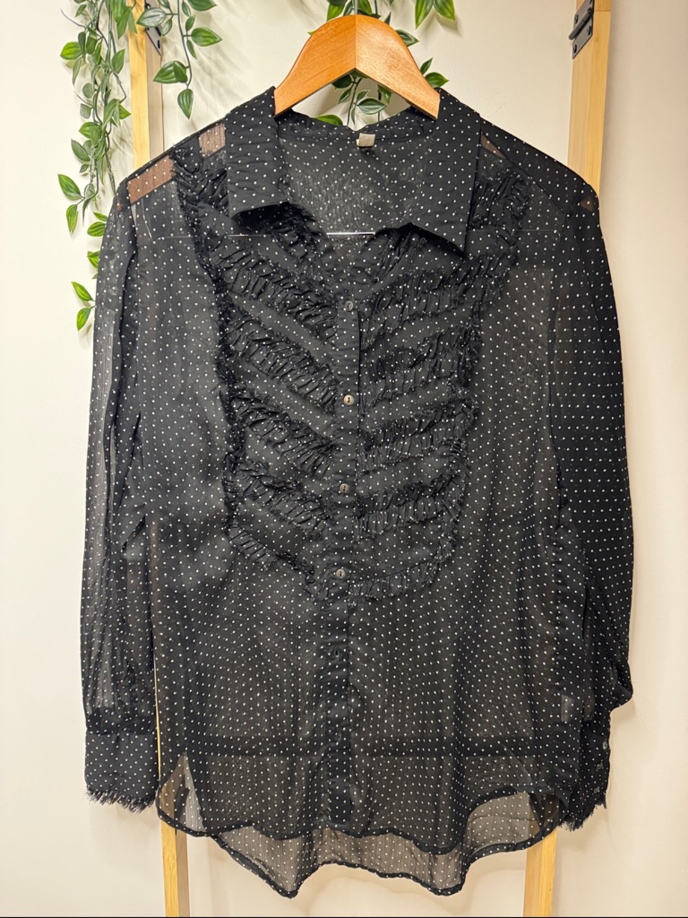 Free People Goth Romantic Sheer Black Polka Dot Button Up Chevron Ruffle Blouse